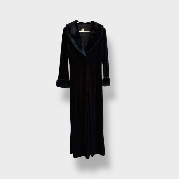Vintage 90s Y2K SABORA Long Coat Jacket Black Faux Fur Velvet Button Front SMALL - Picture 1 of 12